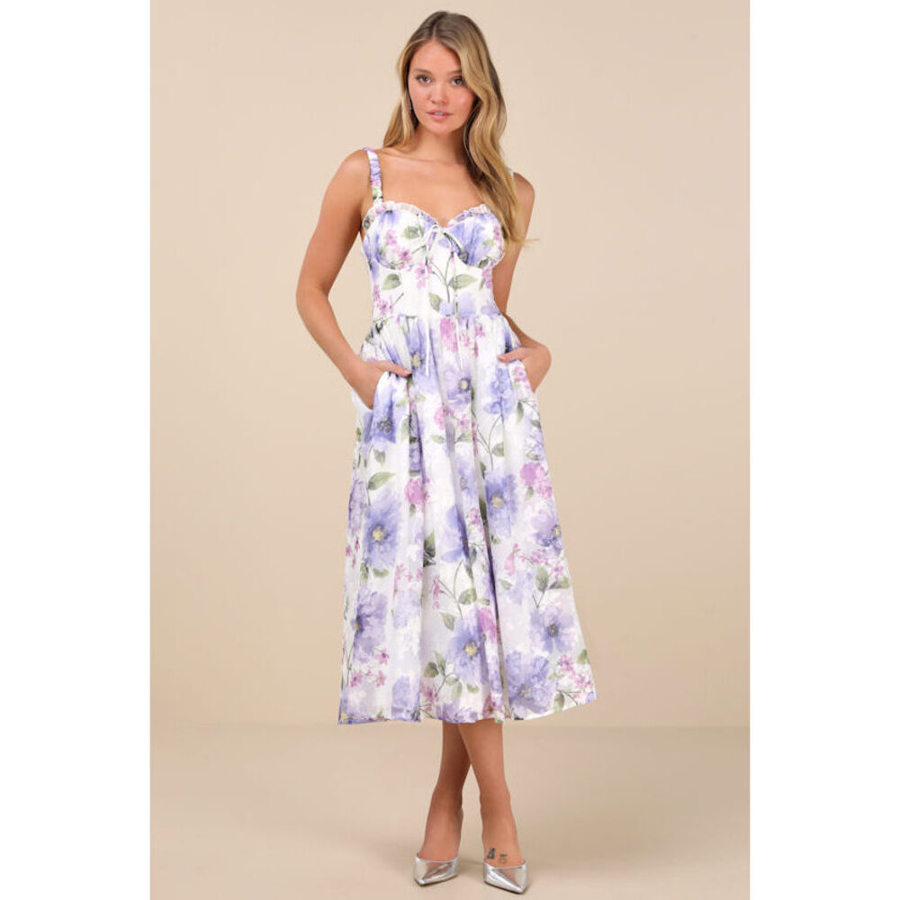Lulus Hillela Ivory Floral Ruffled Lace-up Midi Skater Dress White - Size XL
